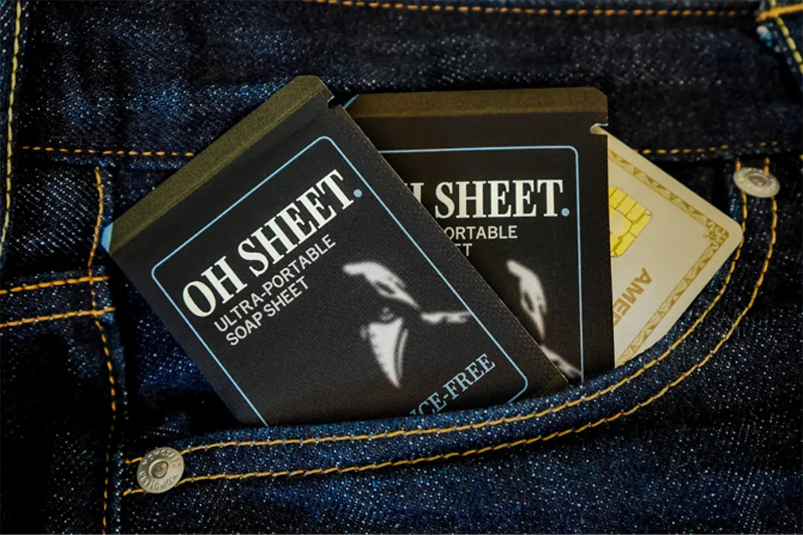 Credit card sized paper soap sheet sachets in pocket 